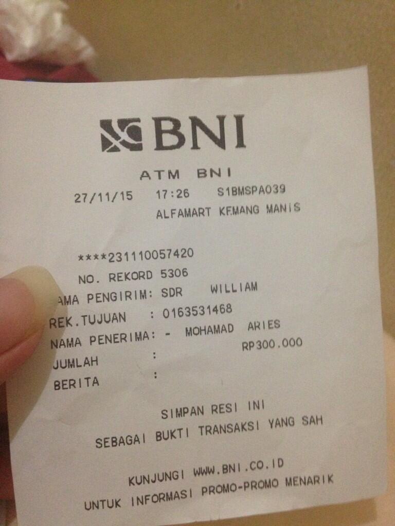 Penipuan a/n Mohamad Aries 0163531468 BNI, id : mascobra