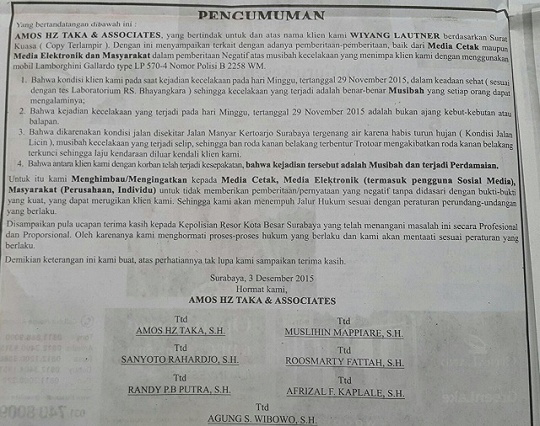 Pengacara sopir lamborgini bikin surat ancaman