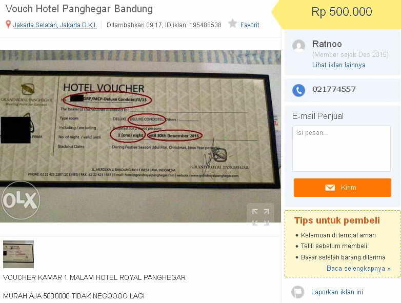 Yang suka hunting Voucher Hotel di OLX. hati-2 banyak penipuan