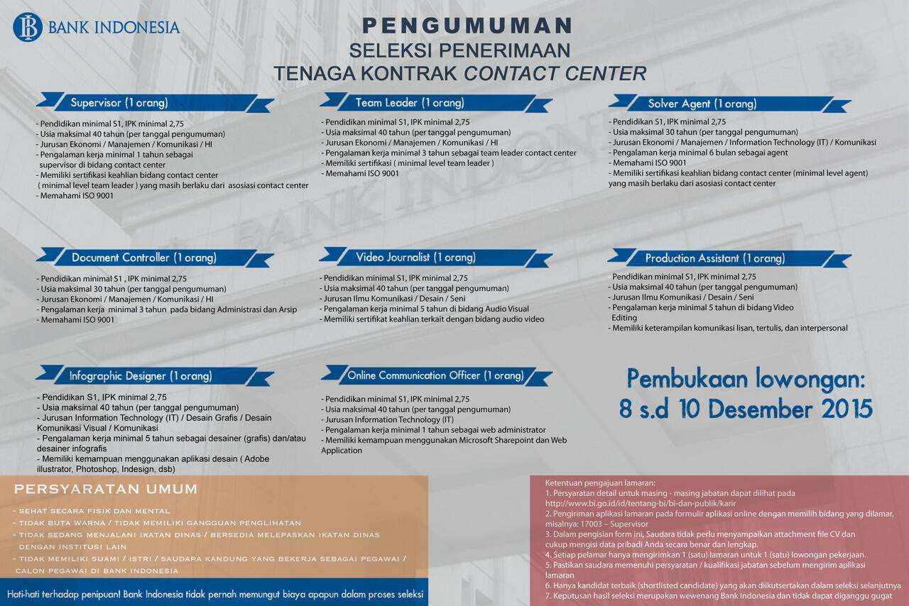 &#91;Bank Indonesia&#93; Pengumuman Seleksi Penerimaan Tenaga Kontrak Contact Center