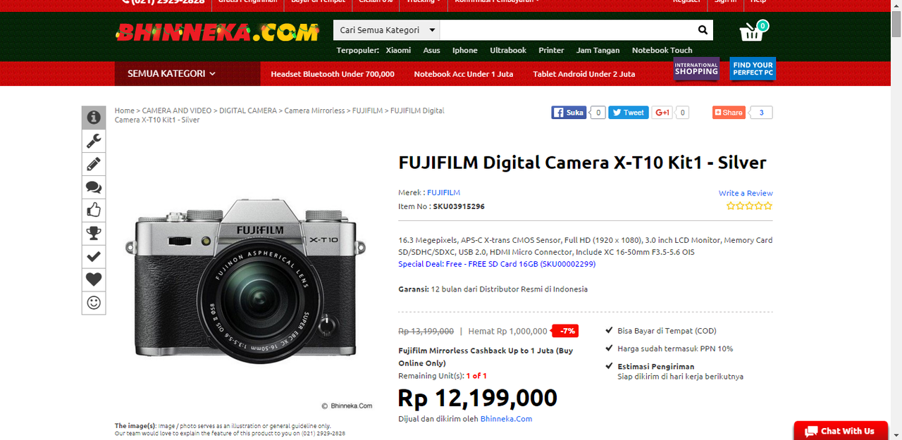 Fujifilm XT-10 kit 16-50 : Temukan penawaran terbaik dari 3 toko online di sini