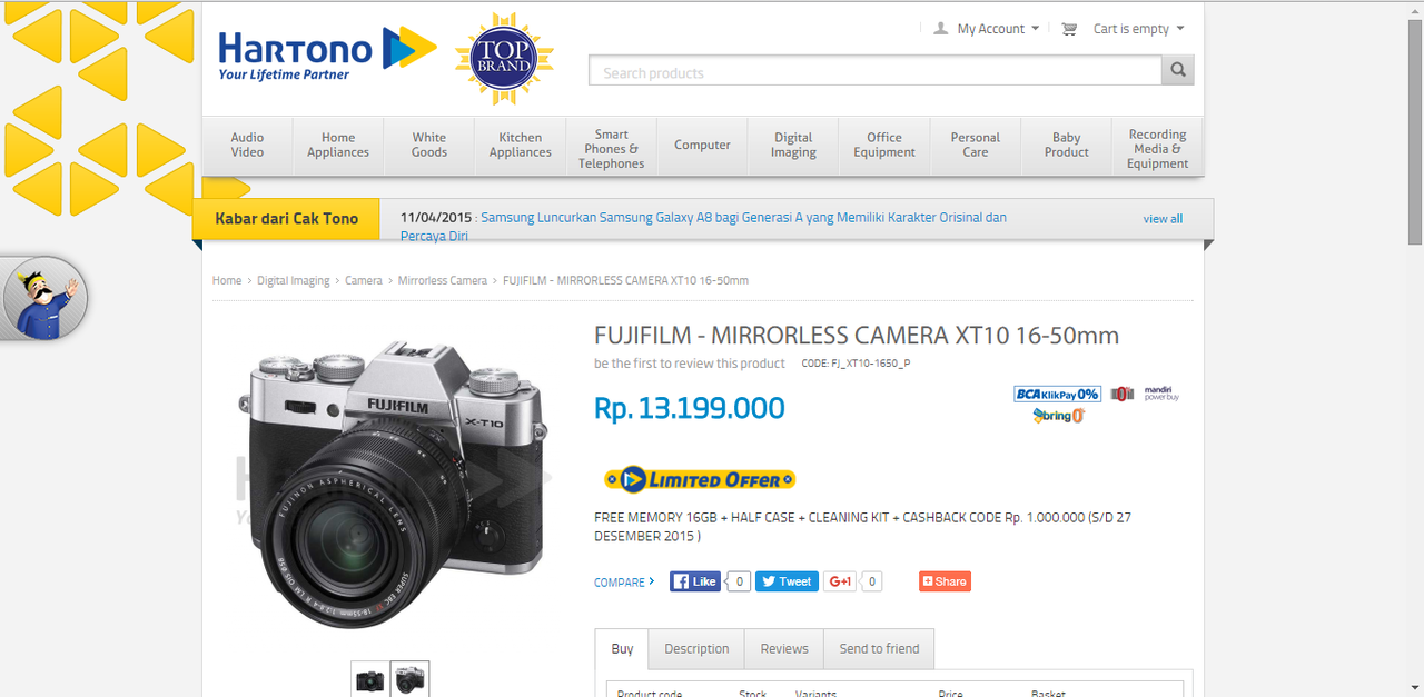 Fujifilm XT-10 kit 16-50 : Temukan penawaran terbaik dari 3 toko online di sini