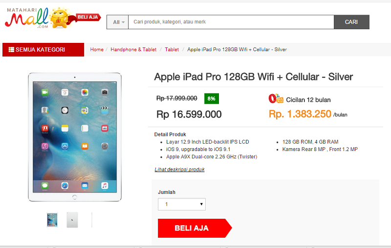 Apple iPad Pro WiFi Cellular - Silver : bandingin harga paling murah disini