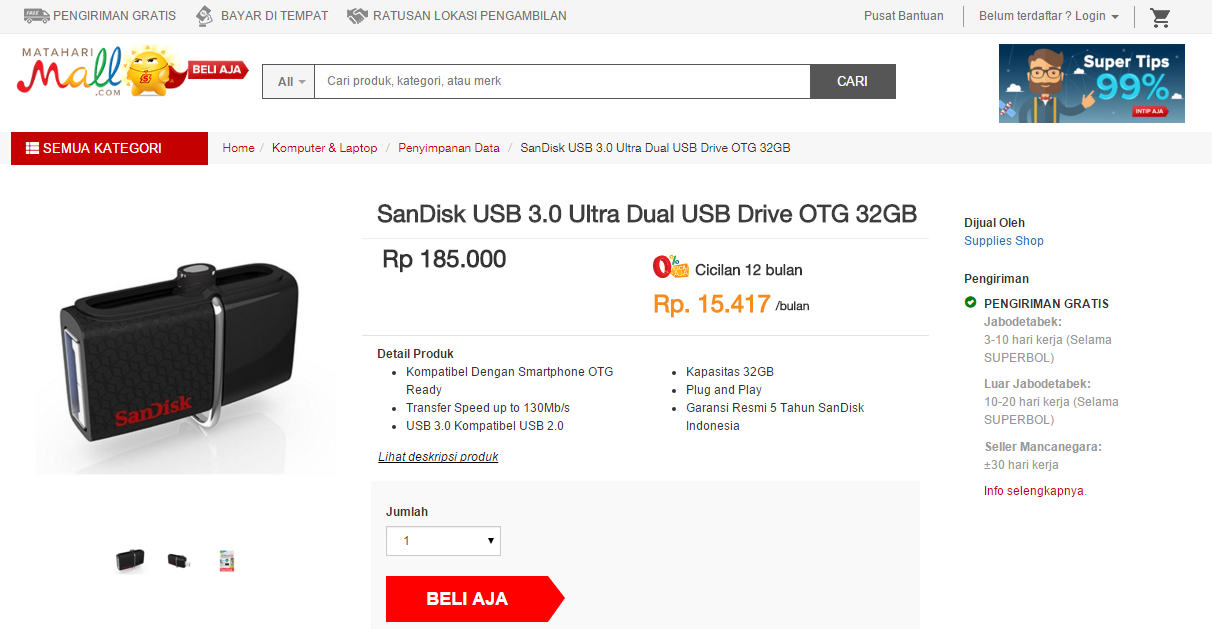 SanDisk USB 3.0 Ultra Dual USB Drive OTG: Penawaran Termurah nih Gan...