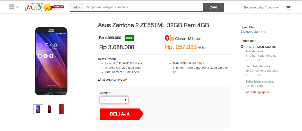 Asus Zenfone 2 ZE551ML RAM 4GB - penawaran dari 3 situs online