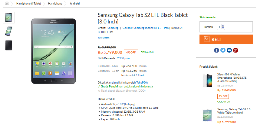 Samsung Galaxy Tab S2 LTE Black Tablet 8.0 Inch Cek Harga Termurah Disini Gan