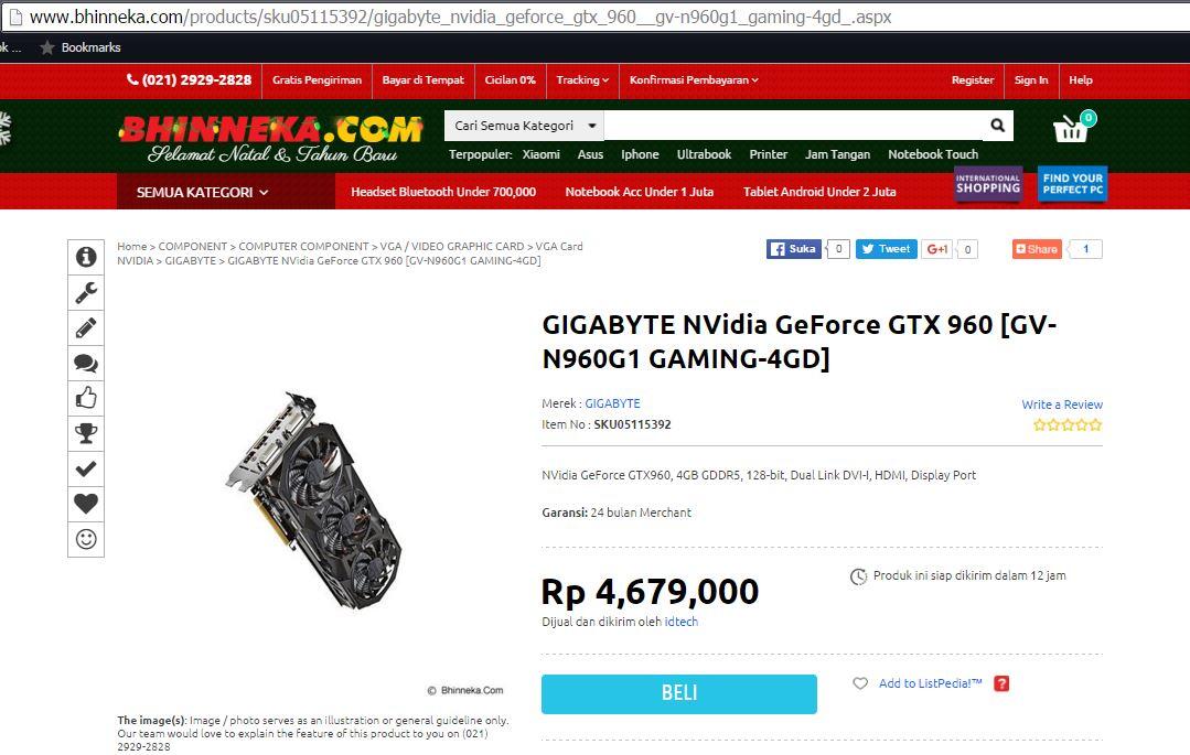 GIGABYTE NVidia GeForce GTX 960 &#91;GV-N960G1 GAMING-4GD : Lapak Paling Murah 