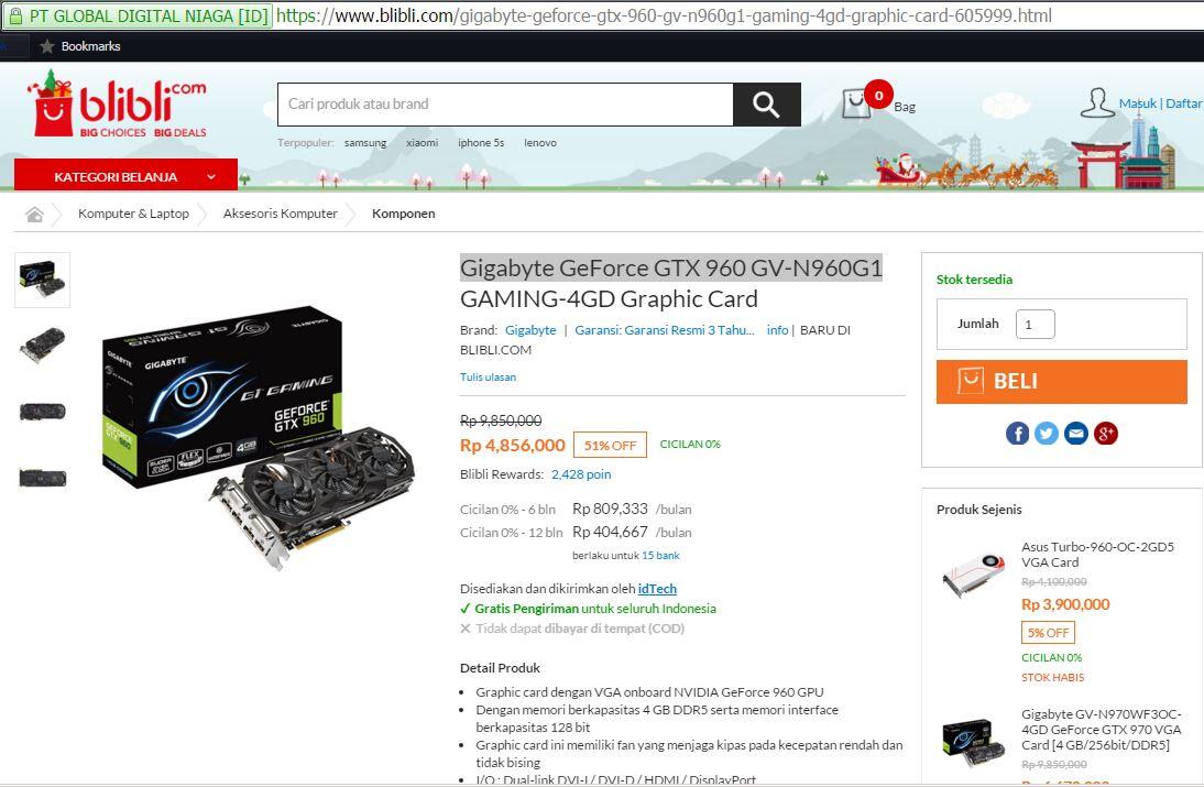 GIGABYTE NVidia GeForce GTX 960 &#91;GV-N960G1 GAMING-4GD : Lapak Paling Murah 