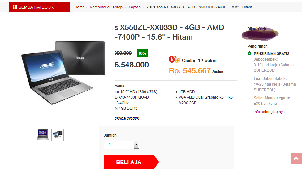 ASUS X550ZE-XX033D Laptop Gaming Murah, 3 Perbandingan toko online di Indonesia