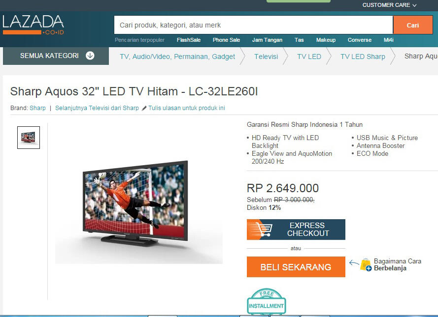 Sharp LED TV 32&quot; LC-32LE260i : Temukan penawaran terbaik dr 3 toko online di sini
