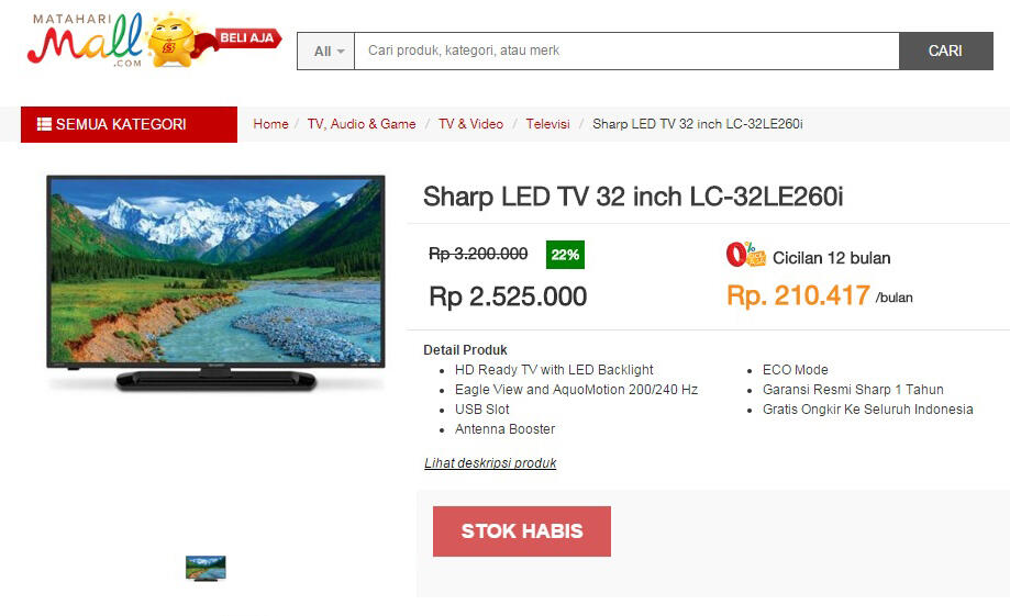 Sharp LED TV 32&quot; LC-32LE260i : Temukan penawaran terbaik dr 3 toko online di sini