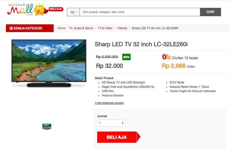 Sharp LED TV 32&quot; LC-32LE260i : Temukan penawaran terbaik dr 3 toko online di sini