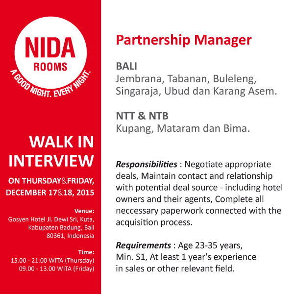 Dicari : PARTNERSHIP MANAGER untuk wilayah BALI, LOMBOK, dan Sekitarnya