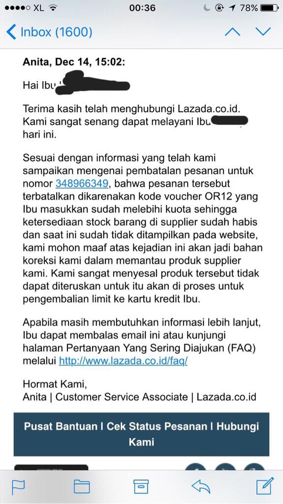 Pembatalan sepihak oleh lazada