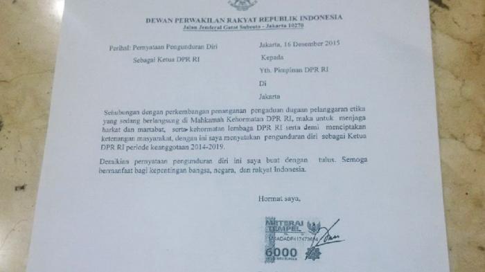 Ini Isi Lengkap Surat Pengunduran Diri Ketua DPR Setya Novanto