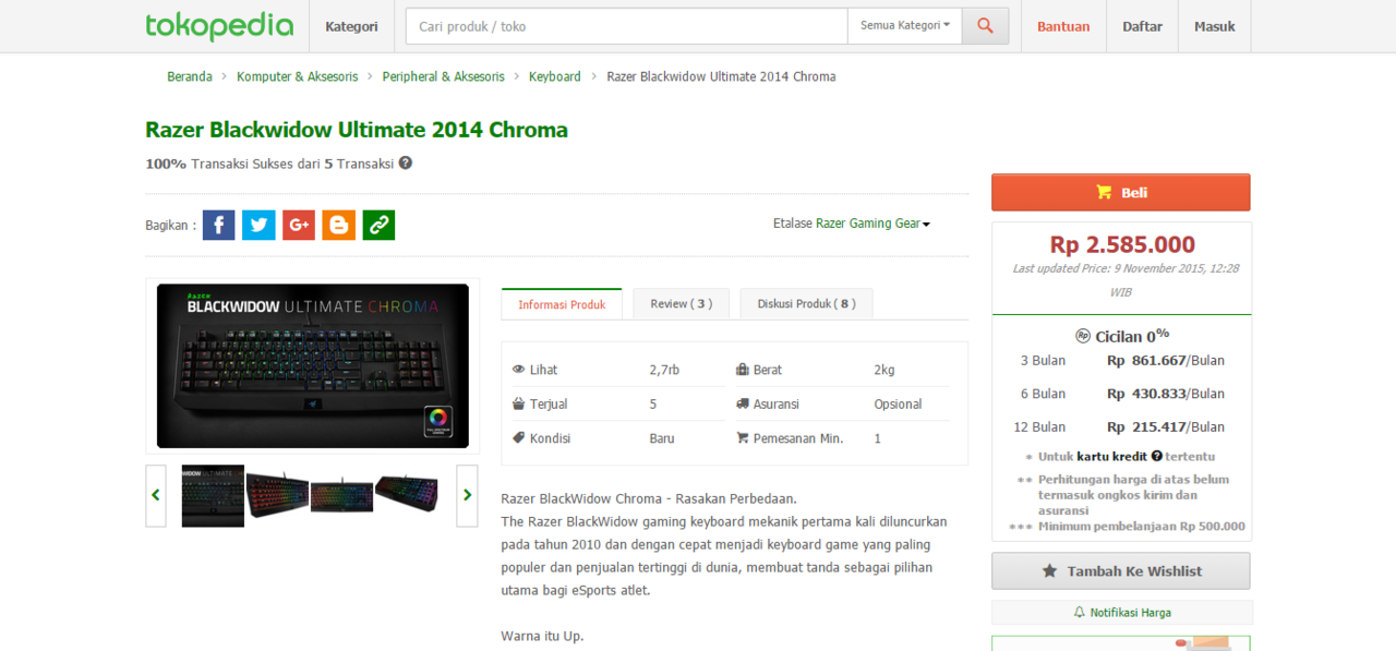 Keyboard Razer Blackwidow Ultimate Chroma : Temukan Harga sesuai Dompetmu