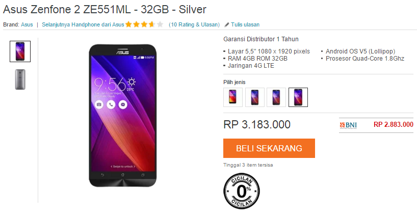 Asus Zenfone 2 ZE551ML RAM 4GB ROM 32GB, Harga Terbaik dari 3 Toko Online Terbesar!