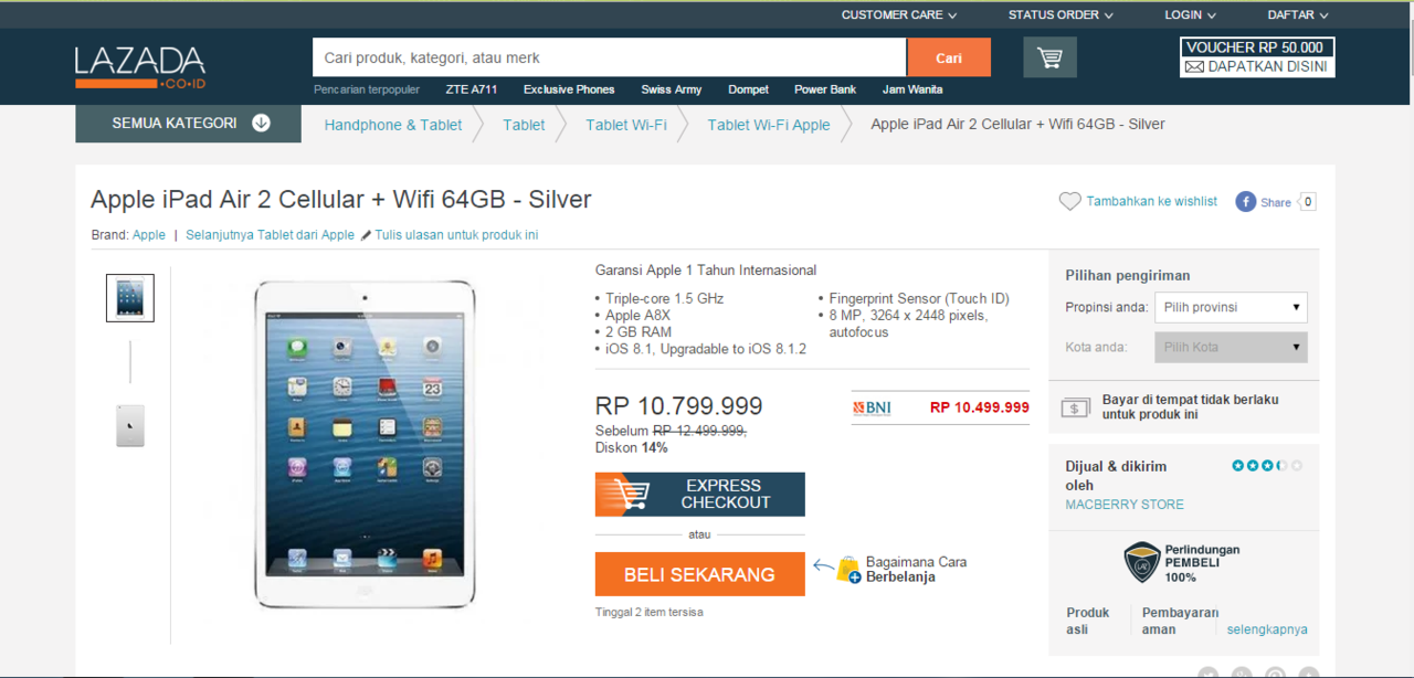 iPad Air 2 Wifi + Cell 64GB : Temukan penawaran terbaik dari 3 toko online di sini