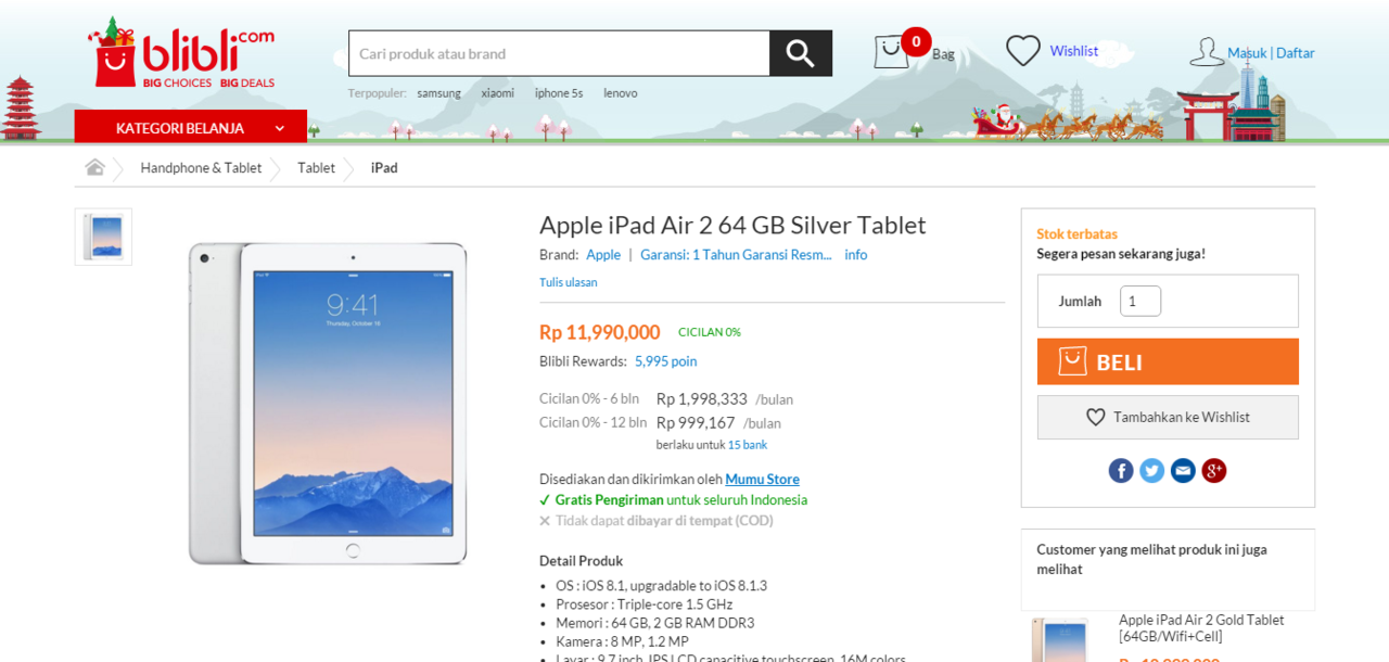 iPad Air 2 Wifi + Cell 64GB : Temukan penawaran terbaik dari 3 toko online di sini