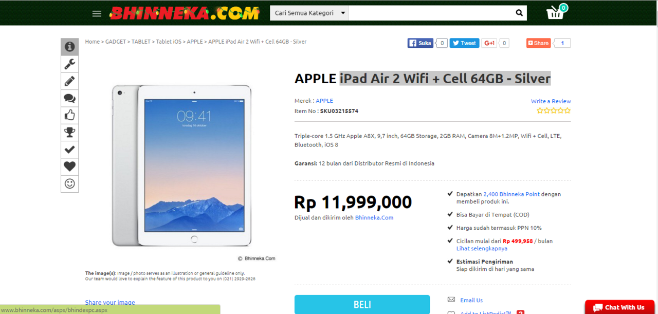 iPad Air 2 Wifi + Cell 64GB : Temukan penawaran terbaik dari 3 toko online di sini
