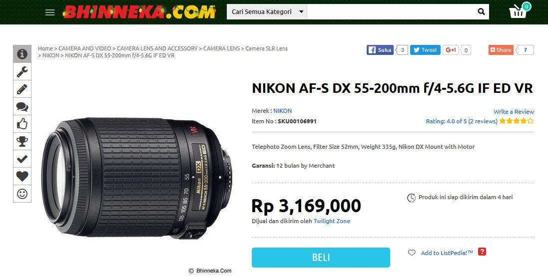 Nikon Lensa AF-S DX VR Zoom 55-200mm f/4-5.6 IF-ED: Lapak paling murah nih gan
