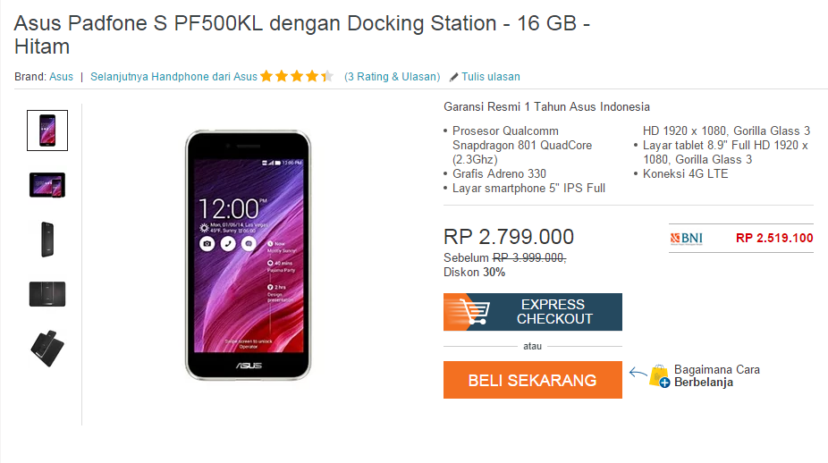 ASUS Padfone S + Docking: Temukan penawaran terbaik dari 3 toko online di sini