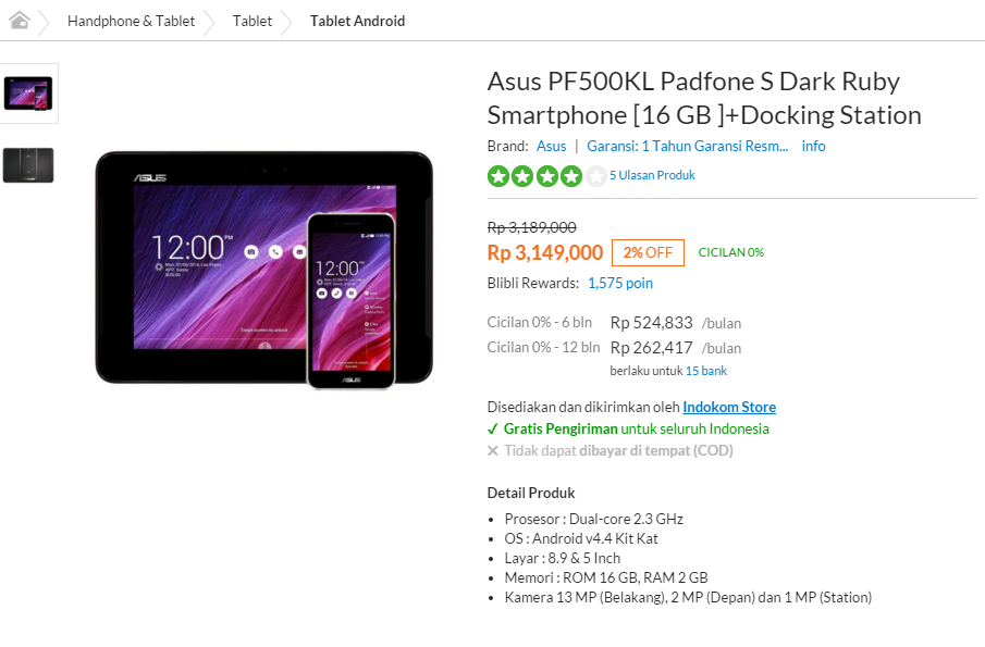 ASUS Padfone S + Docking: Temukan penawaran terbaik dari 3 toko online di sini