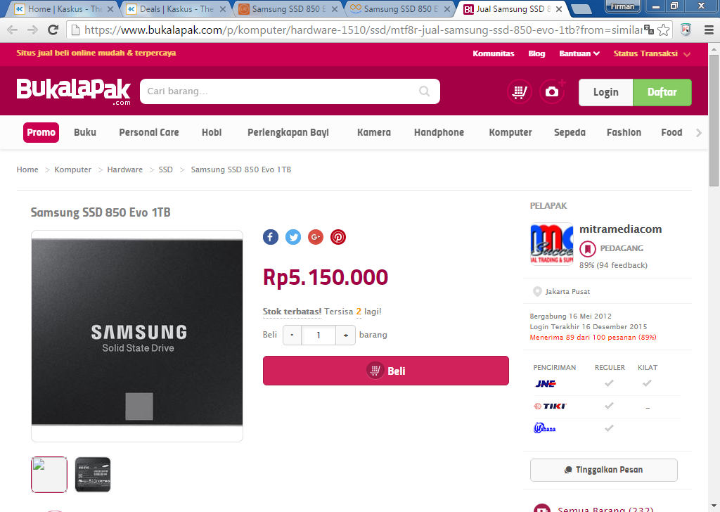 Samsung SSD 850 EVO 1TB: Lapak dgn kualitas dan kondisi terbaik dari 3 TO