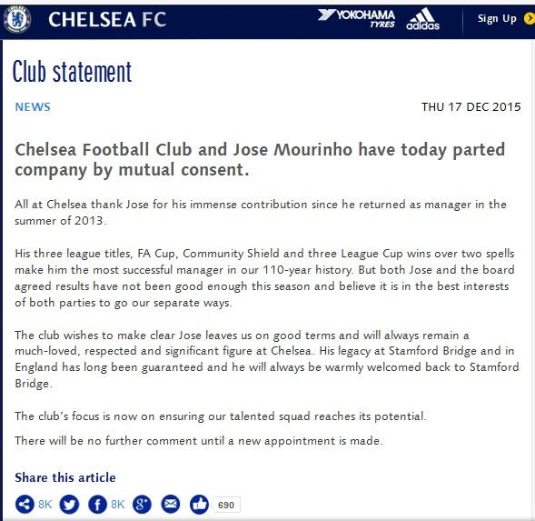 Seputar Pemecatan Jose Mourinho Secara Resmi Oleh Manajemen Chelsea