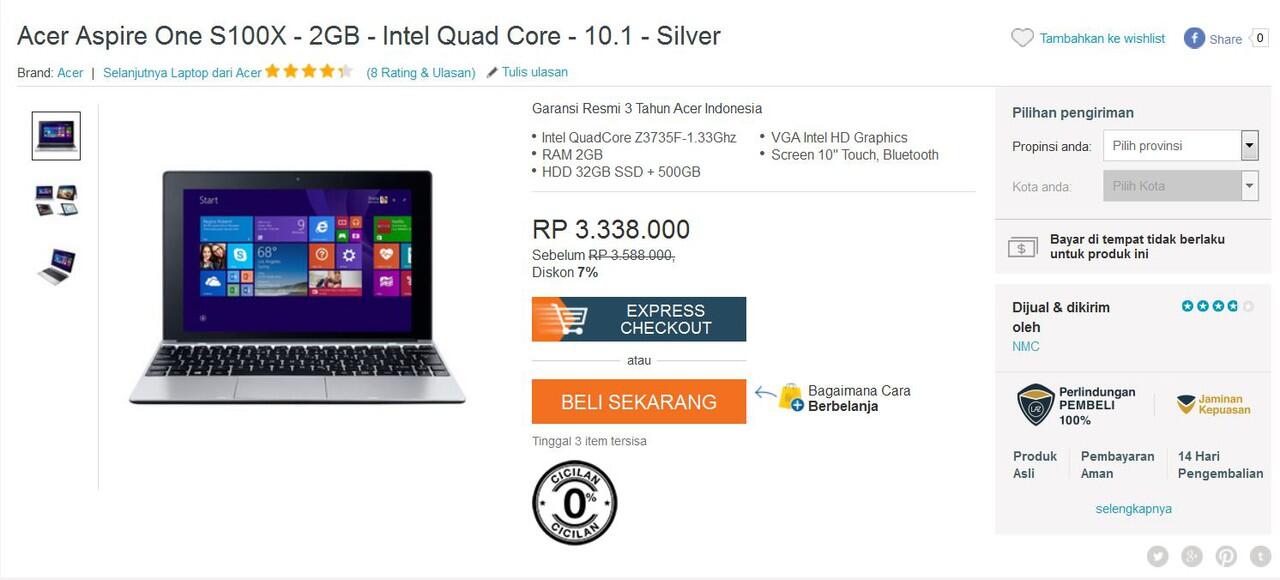 Acer One 10 : 2 in 1 Gadget (Notebook + Tablet) Spek Bagus Harga Murah