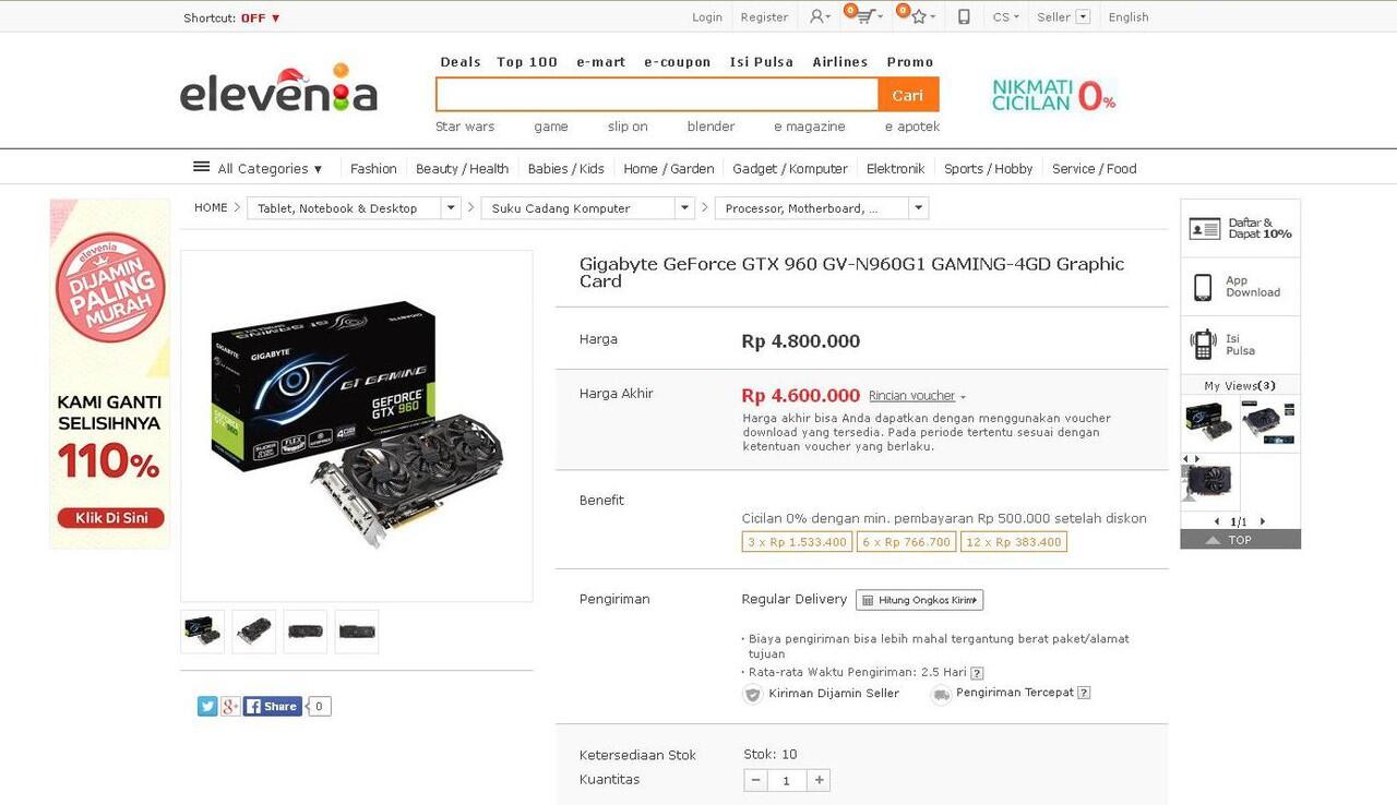 VGA Gigabyte Geforce GTX960 GV-N960G1 GAMING 4GD bandingkan harga murahnya gan...