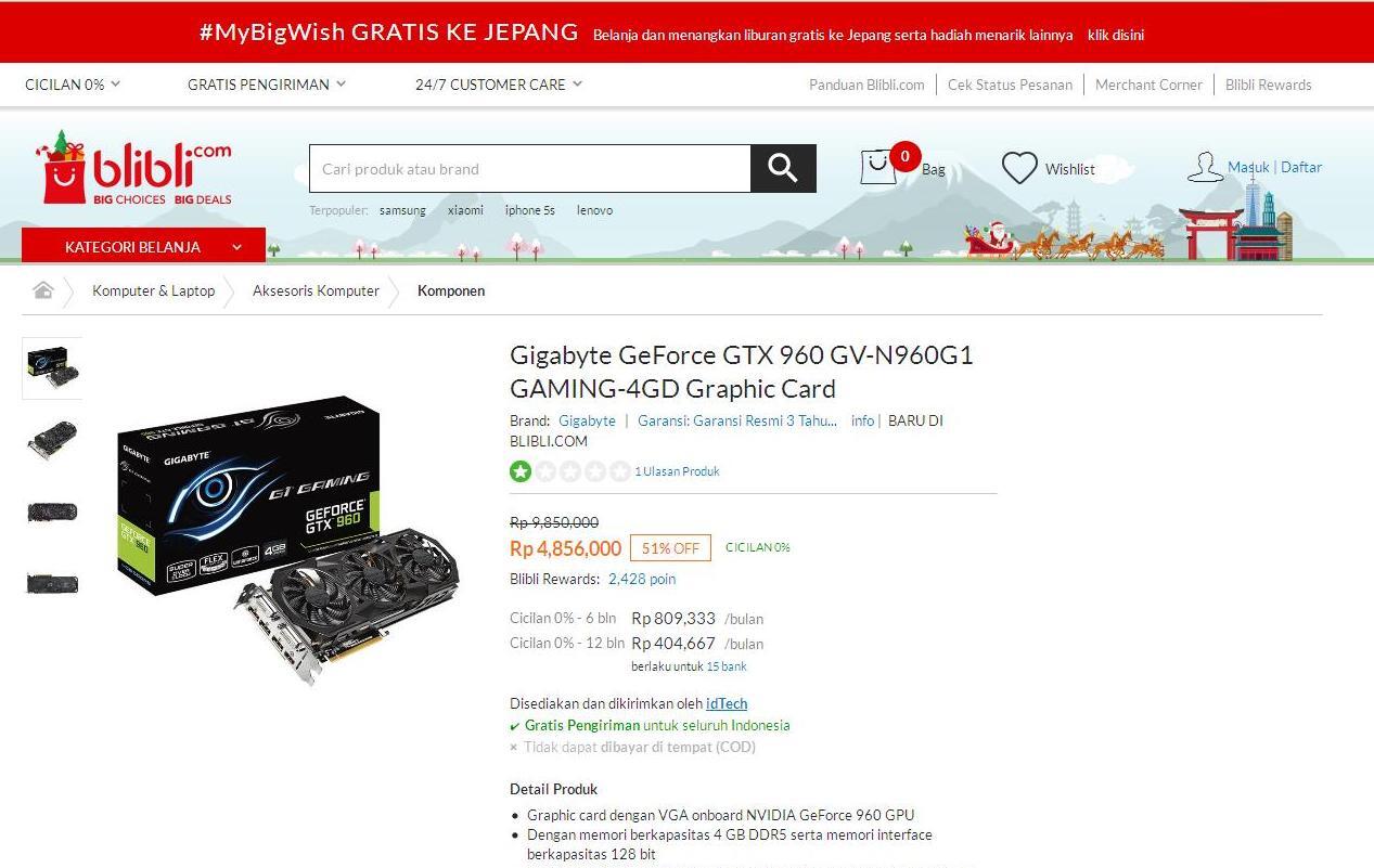 VGA Gigabyte Geforce GTX960 GV-N960G1 GAMING 4GD bandingkan harga murahnya gan...