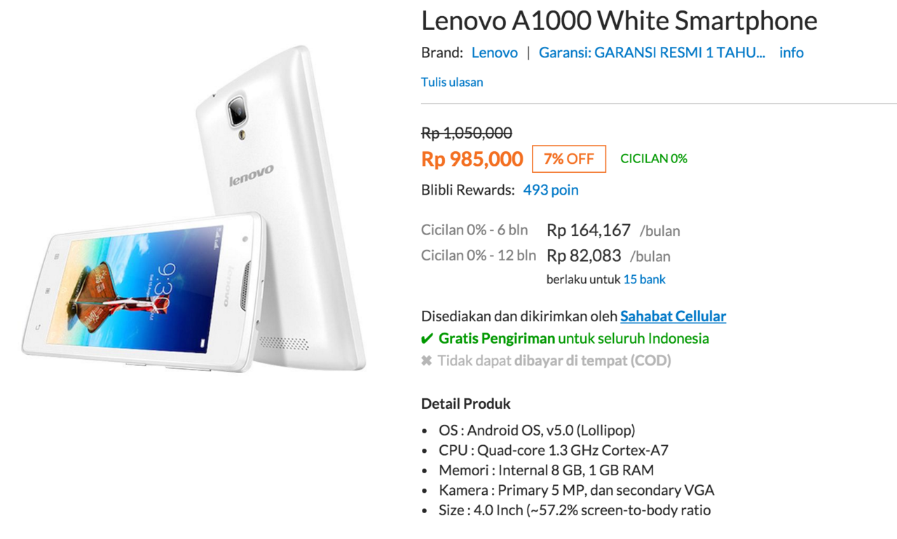 Lenovo A1000 White Smartphone