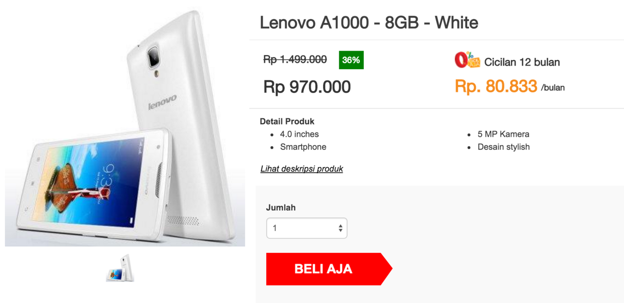 Lenovo A1000 White Smartphone