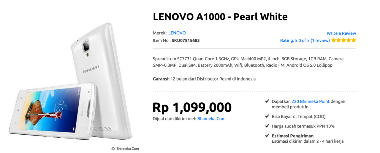 Lenovo A1000 White Smartphone