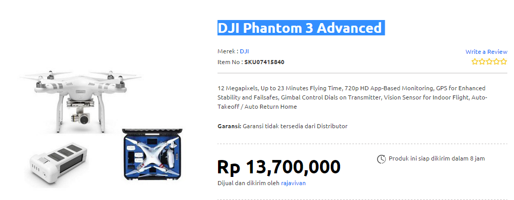 DJI Phantom 3 Advanced : Komparasi 3 e-commerce