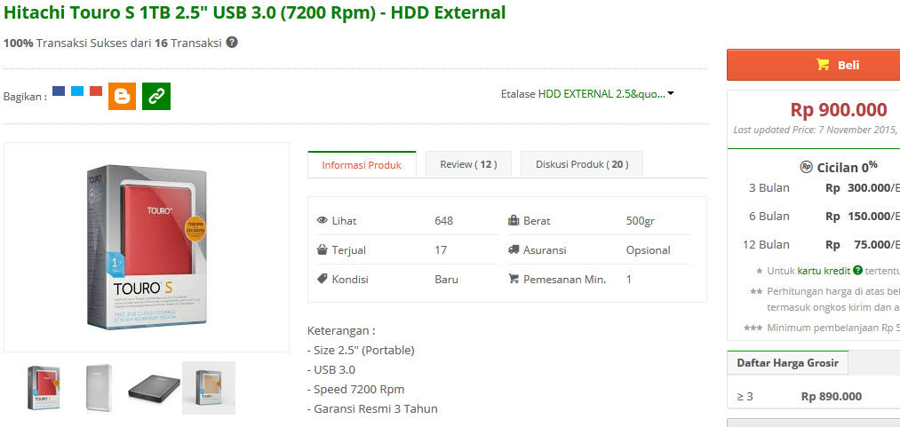 HDD Hitachi Touro S 1TB: Rp 899.000 - 985.000