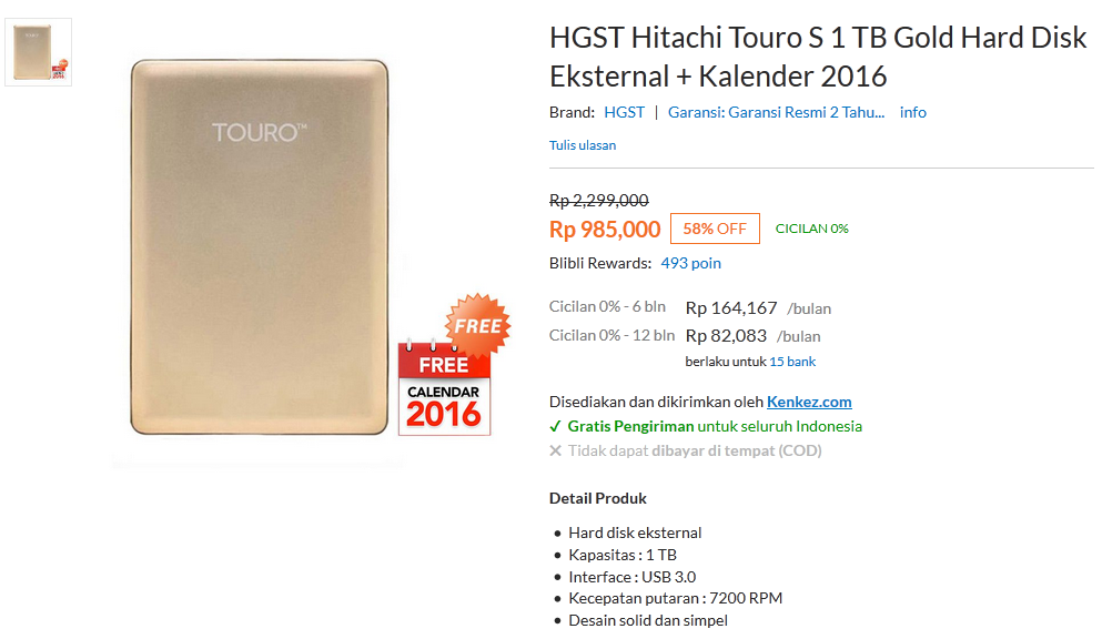 HDD Hitachi Touro S 1TB: Rp 899.000 - 985.000