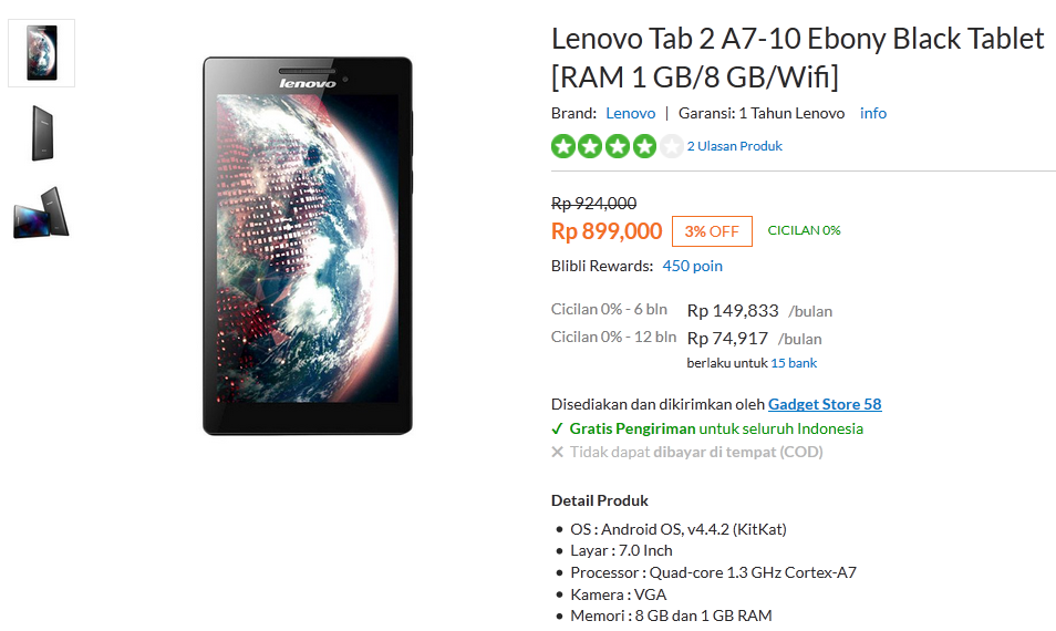 Lenovo Tab 2 A7-10: Rp 689.000 - 899.000