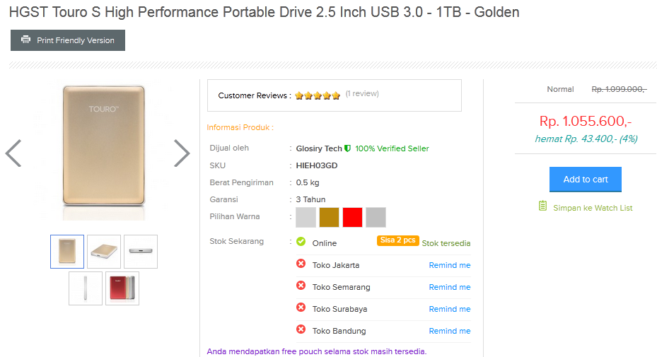 HDD Hitachi Touro S 1TB: Rp 899.000 - 985.000