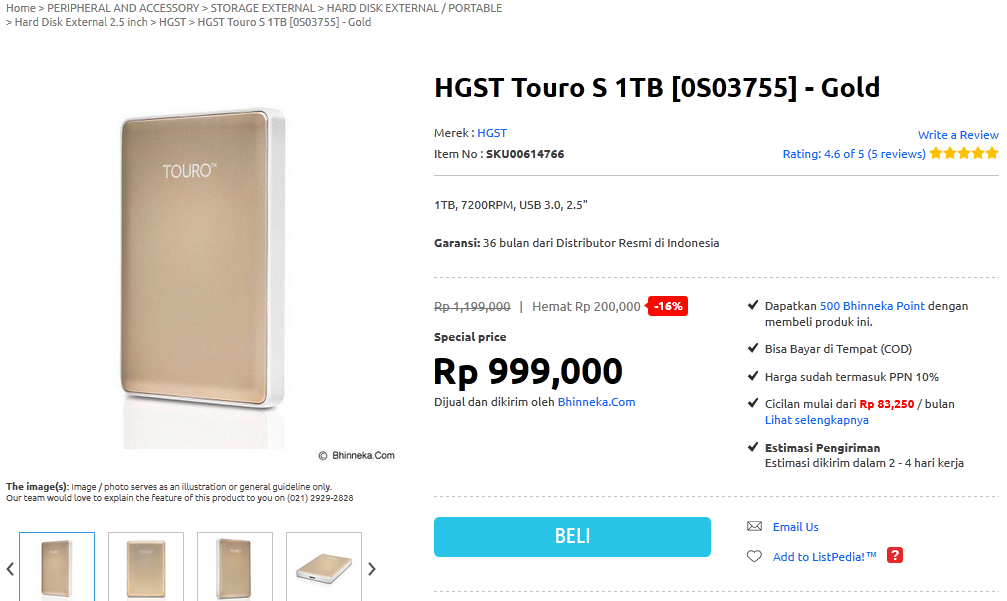HDD Hitachi Touro S 1TB: Rp 899.000 - 985.000