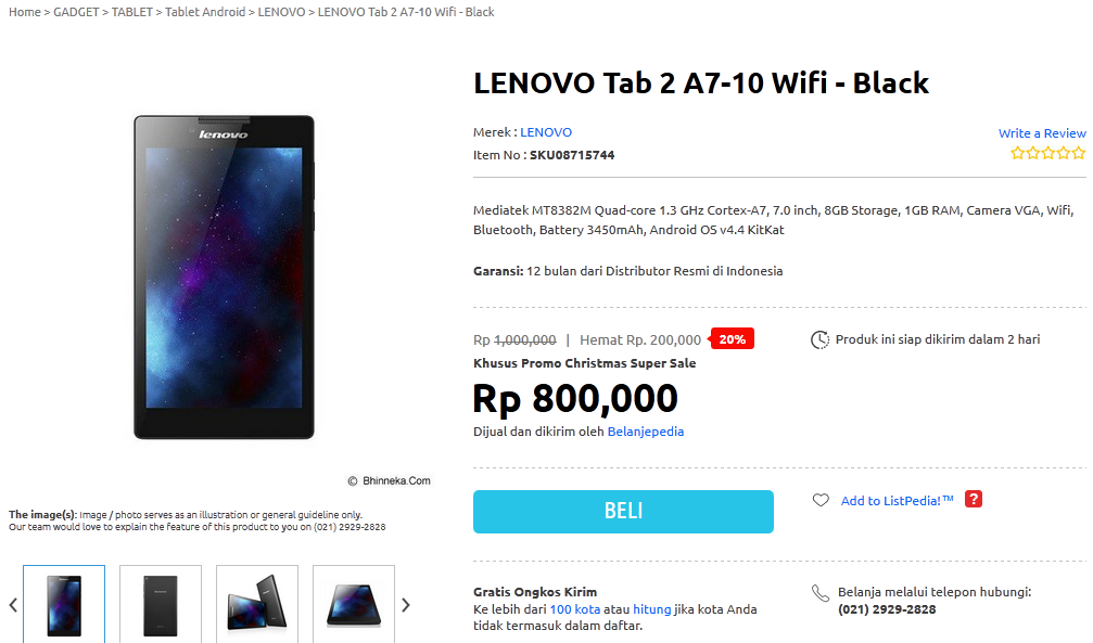 Lenovo Tab 2 A7-10: Rp 689.000 - 899.000