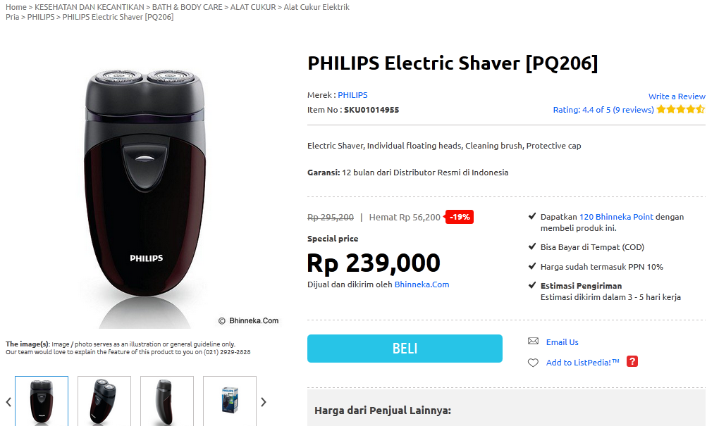 Philips Shaver PQ206: Rp. 155.000 - 239.000