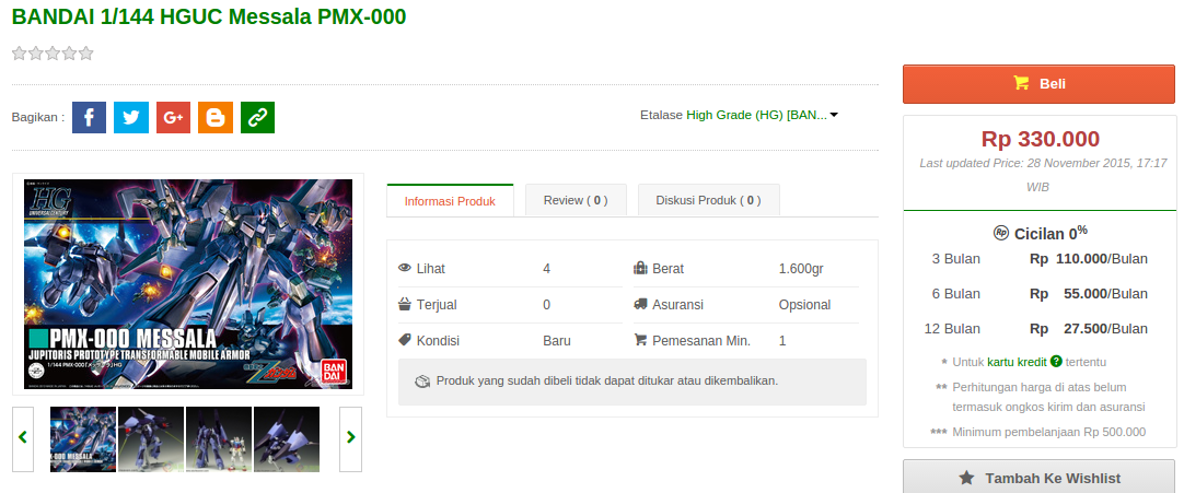 BANDAI 1/144 HGUC Messala PMX-000: Rp. 330.000 - 414.540