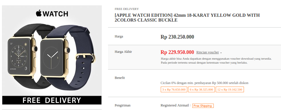 Apple Watch Edition 42mm 18-Carat Yellow Gold Case: Rp. 229.950.000 - 279.999.999