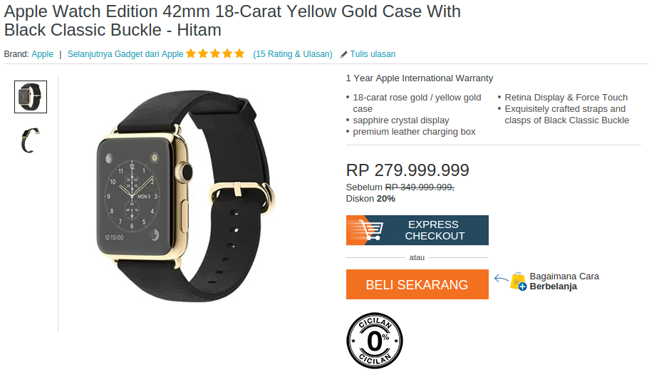 Apple Watch Edition 42mm 18-Carat Yellow Gold Case: Rp. 229.950.000 - 279.999.999