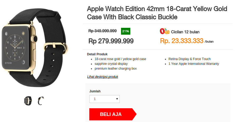 Apple Watch Edition 42mm 18-Carat Yellow Gold Case: Rp. 229.950.000 - 279.999.999