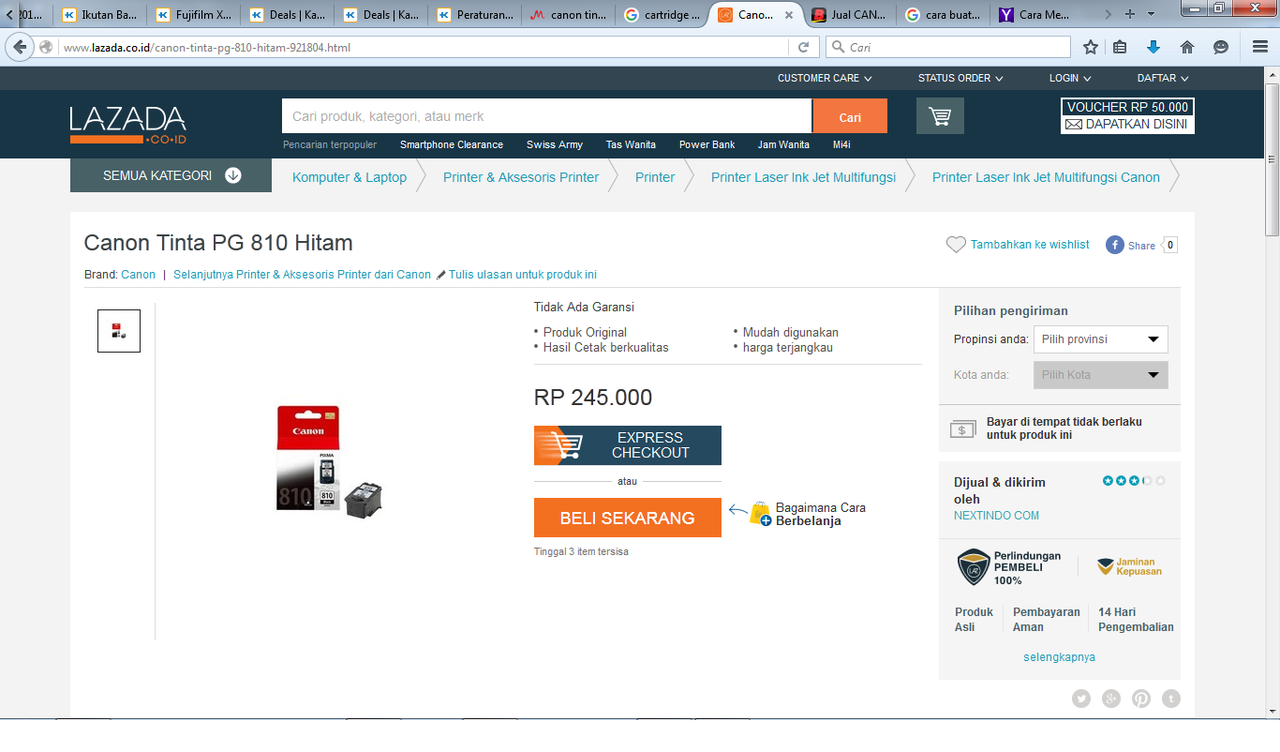 Catridge Canon Black PG 810 : Temukan penawaran terbaik dari 3 toko online di sini