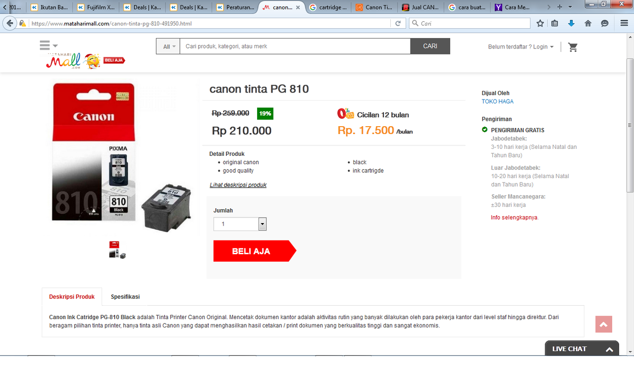 Catridge Canon Black PG 810 : Temukan penawaran terbaik dari 3 toko online di sini