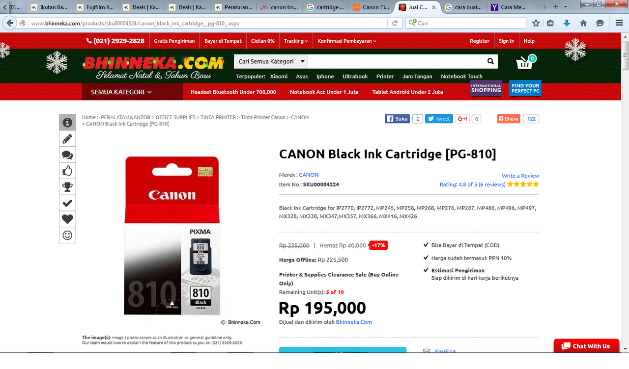Catridge Canon Black PG 810 : Temukan penawaran terbaik dari 3 toko online di sini